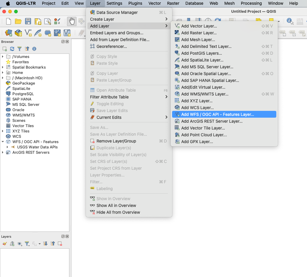 Image of the "Layer" drop down menu in QGIS. The "Add Layer" submenu has been expanded and the "Add WFS / OGC API - Features" option is highlighted.