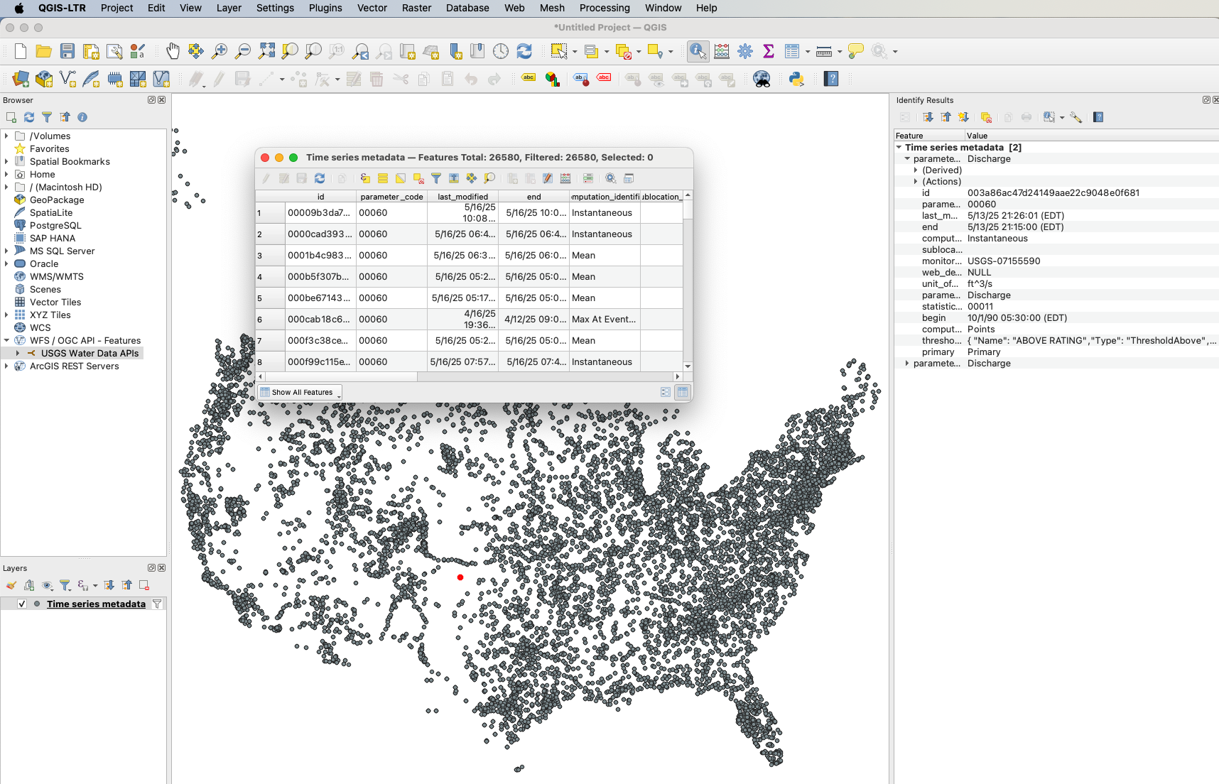 The attributes table for the filtered time series is open over the same map as in the last image. To the right, a sidebar lists the attributes of a single selected point in the map, which is highlighted in red.