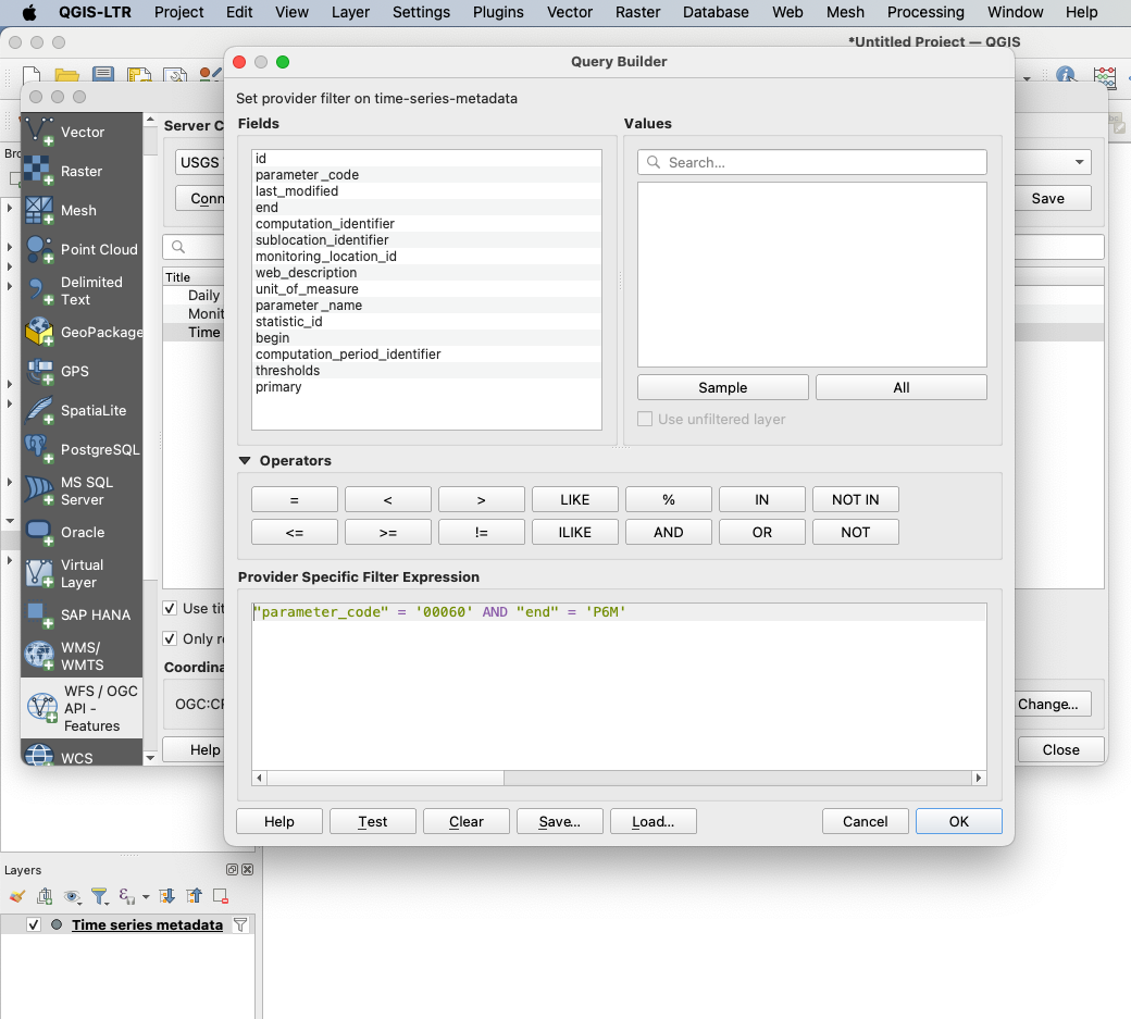 Image of the "Query Builder" window in QGIS. The filter expression window contains '"parameter_code" = "00060" AND "end" = "P6M"'