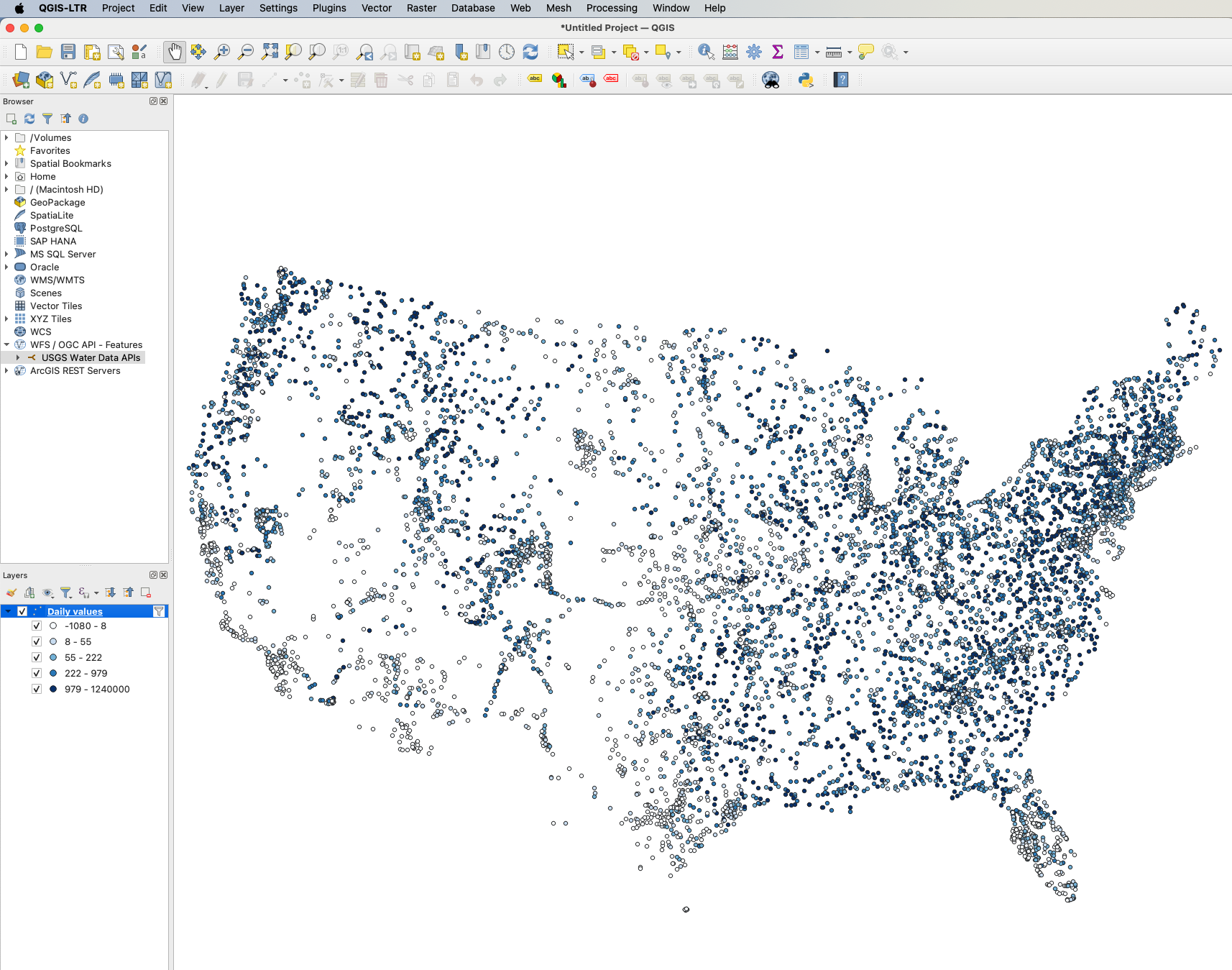 A map in shades of blue of discharge daily values across the continental United States.