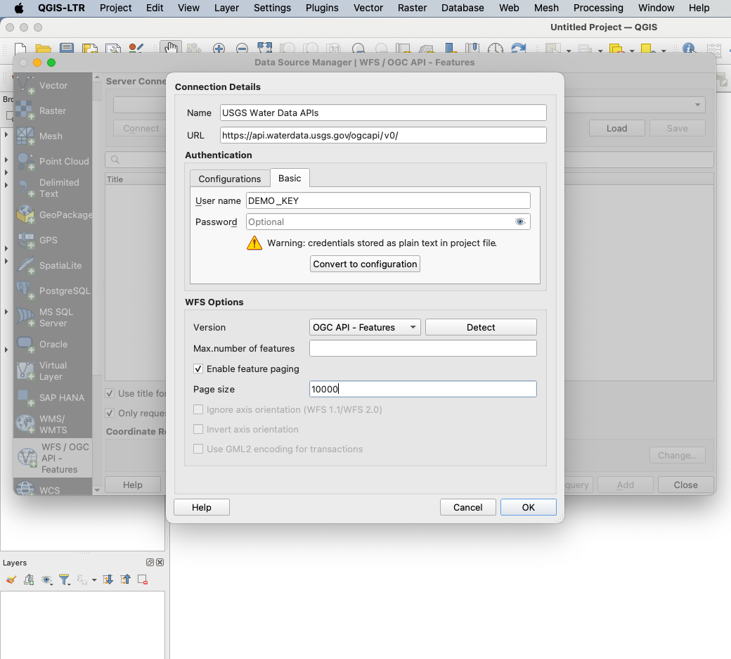 Image of the "Connection Details" window in QGIS. The information specified below has been filled out.