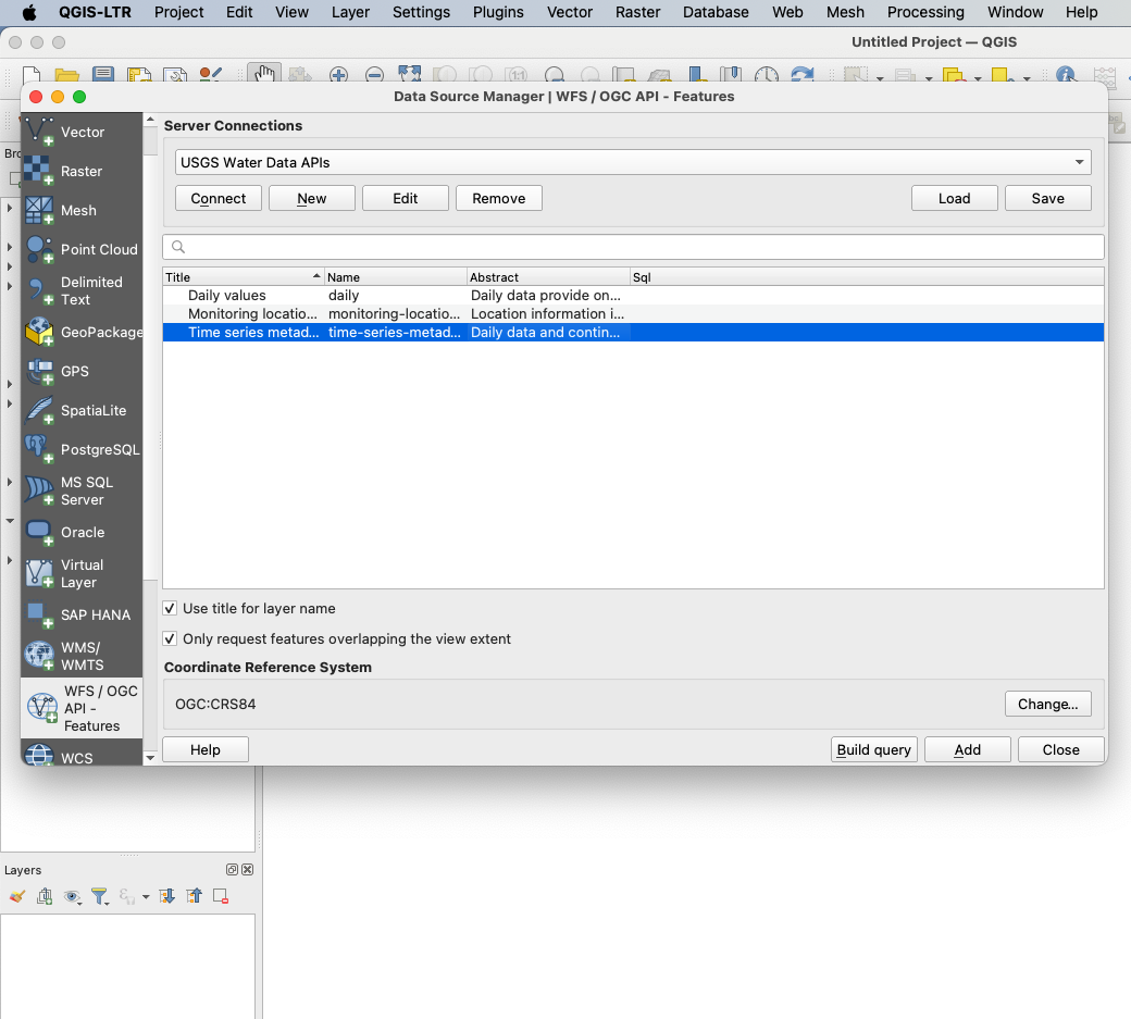 Image of the "Data Source Manager" window in QGIS. This time, the Water Data APIs server has been added as a source, and three collections - "Daily values", "Monitoring locations", and "Time series metadata" - are displayed.