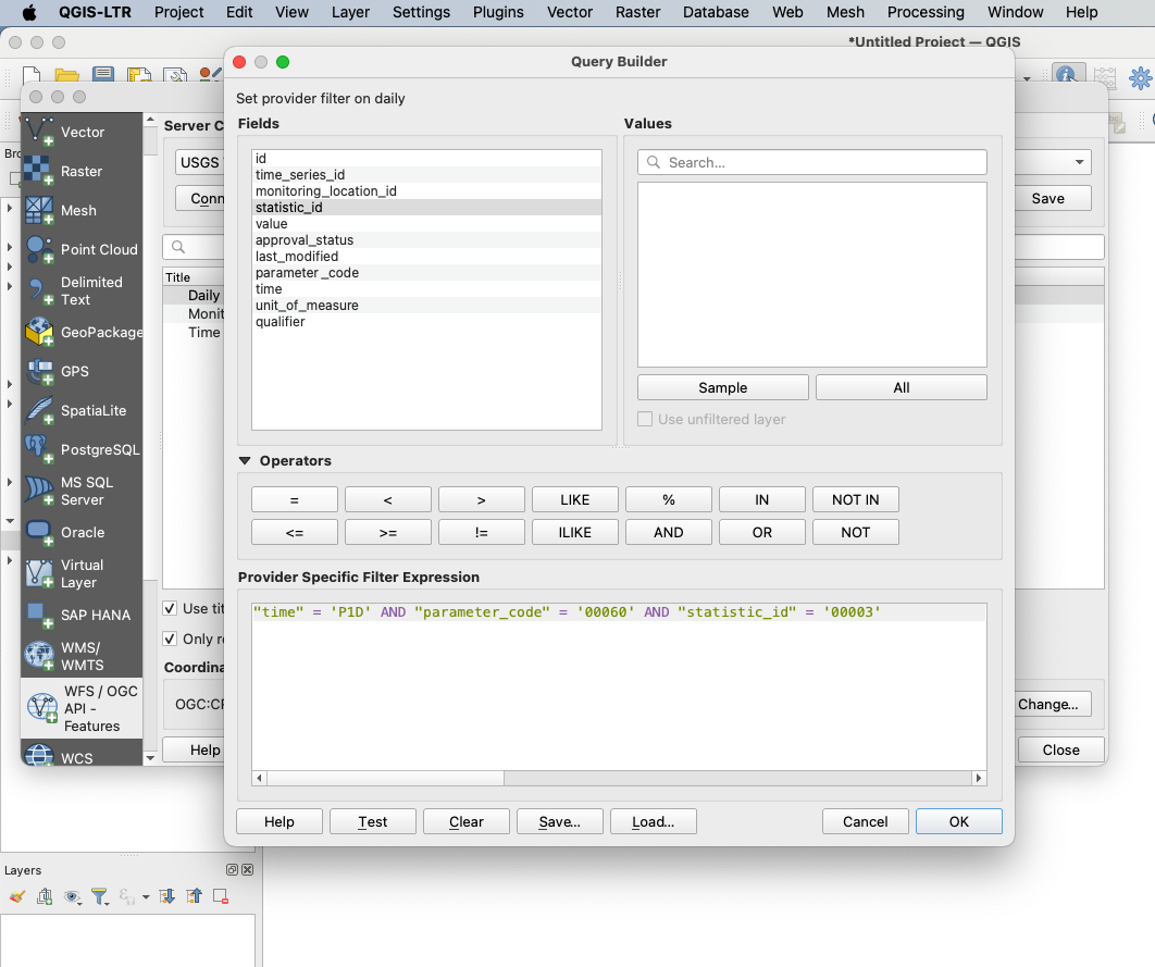'The Query Builder window in QGIS. The filter expression this time is "time" = "P1D" AND "parameter_code" = "00060" AND "statistic_id" = "00003".