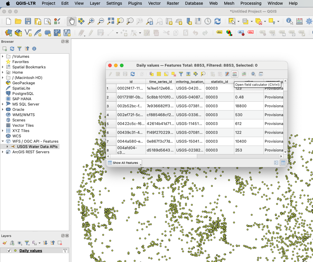 An image of the attributes table for the filtered daily values. The "Field Calculator" button is highlighted.