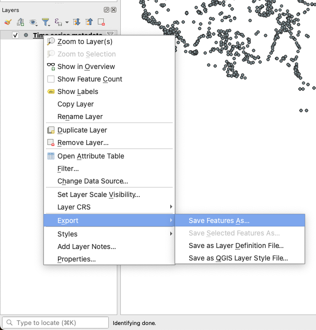 An image of the menu opened by right clicking on a layer in QGIS. The "Export" menu is expanded, with the "Save Features As" option highlighted.
