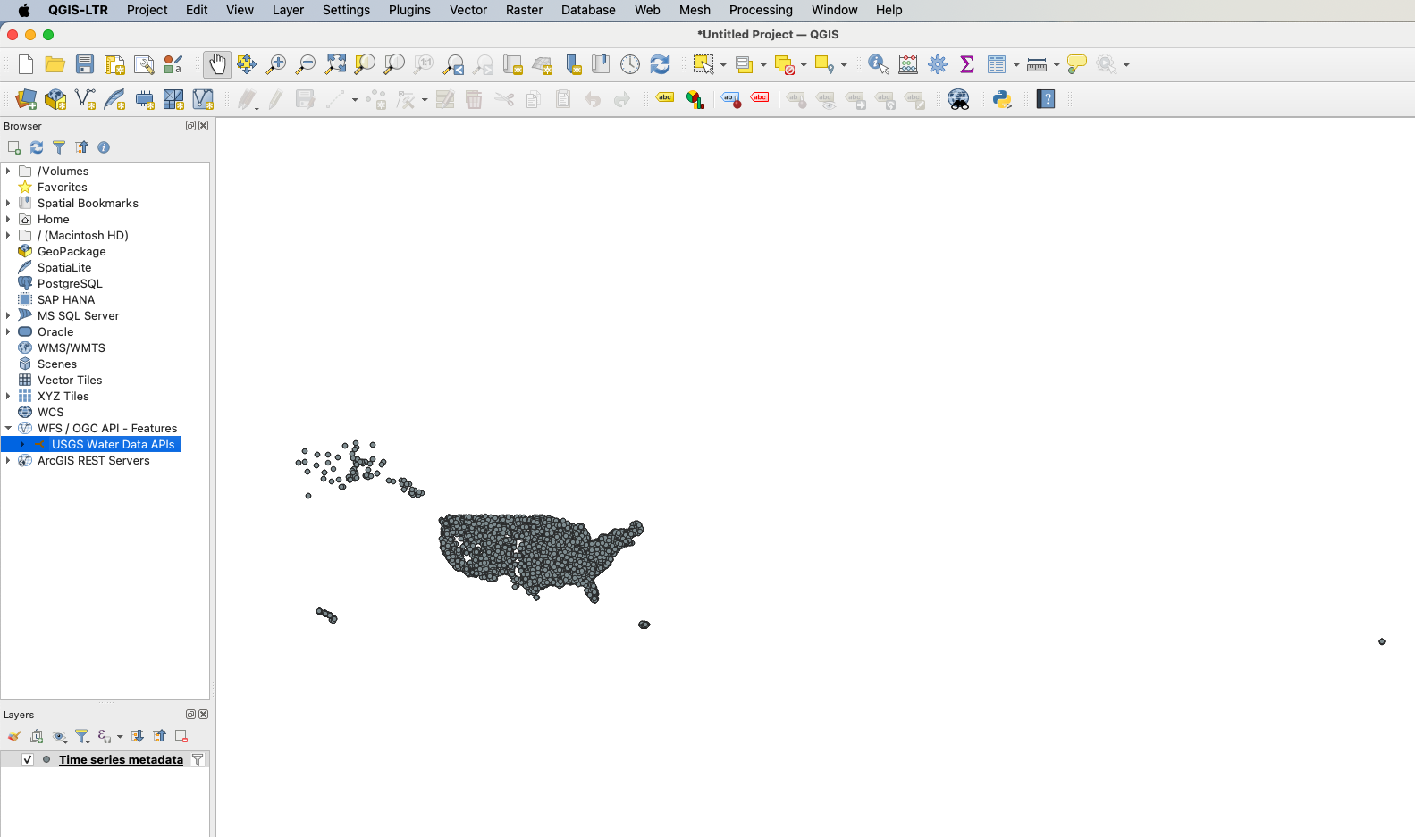 A map of time series meeting the earlier filter, globally. Most points are concentrated in a polygon resembling the continental United States.