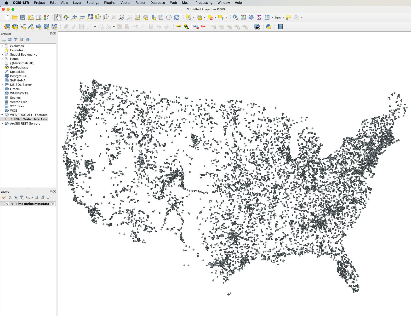 A map of time series meeting the earlier filter across the continental United States. Thousands of grey dots suggest the outline of the lower 48 states.