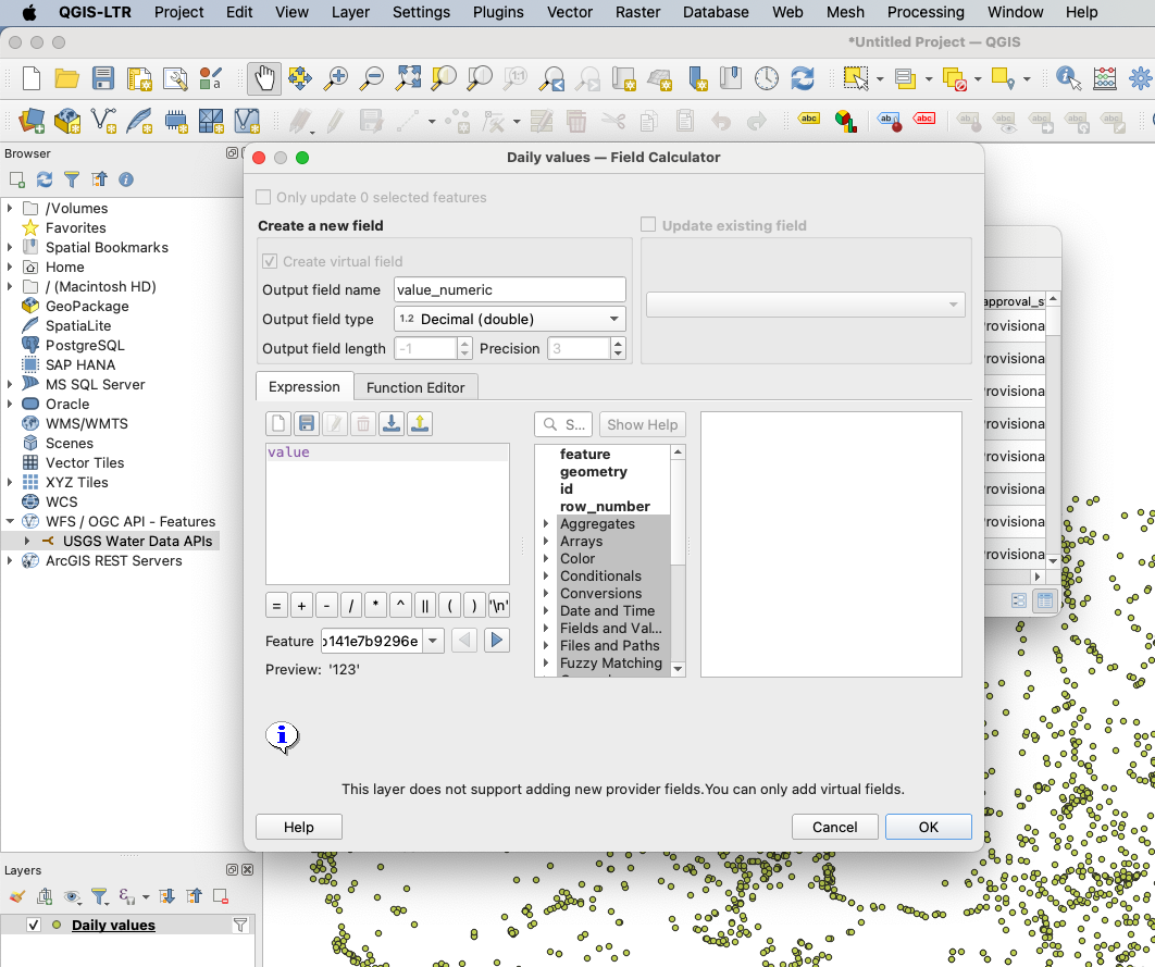 The field calculator menu, showing an output field name of "value_numeric", an output field type of "Decimal (double)", and an expression of "value".